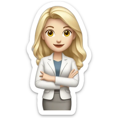pale skin woman interior designer with cold blonde middle length hair, gray eyes, White classical jacket, blouse, Gray skirt holding a color palette in the hands sticker