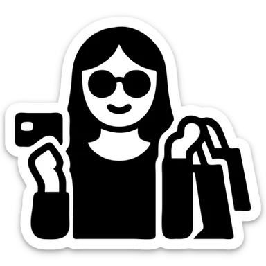 light skin woman with sunglasses, holding a credit card and shopping bags, flat color icon sticker