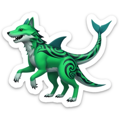 Edgy cool badass Neon-green landhai-sergal-wolf-canine, with a shark tail, with black and dark-green swirly patterns markings sticker