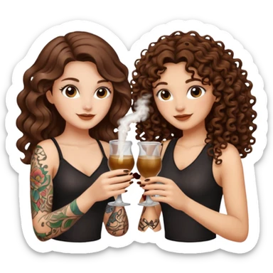 vial cheers — long wavy brown hair tattooed woman and short tight curly brown hair woman — clink potions sticker