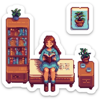 girl reading a book, pixel art style, retro video game aesthetic sticker