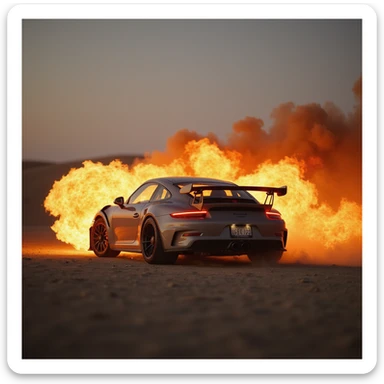 Cinematic shot, Porsche 911 gt3 rs in fire, desert sticker