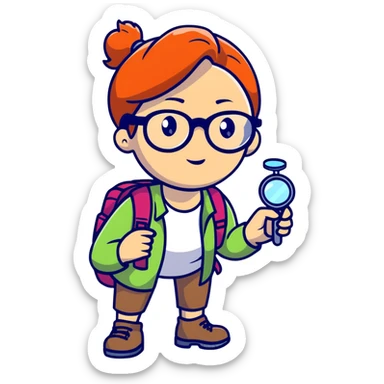 Adventurous woman scientist in her late 30s, glasses, vibrant hiking gear, examining with one magnifying glass, bold colorful style sticker