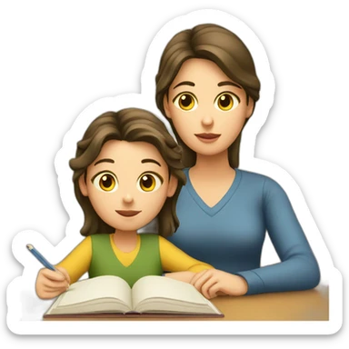 A girl studying with her mom staring at her sticker