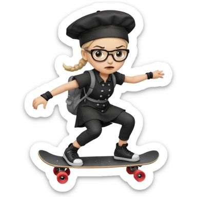 ["An angry woman with light skin, ponytail, wearing a chef hat and square glasses, dressed in goth fashion, is skateboarding while holding a backpack."] sticker