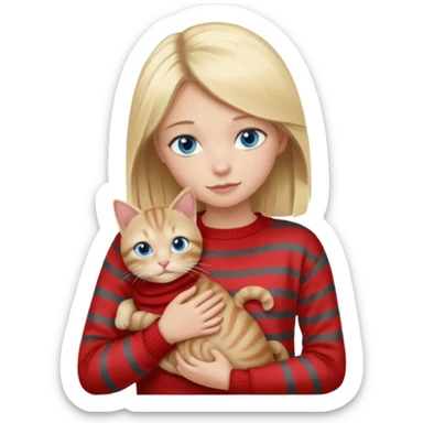 Blonde girl with blue eyes in red sweater cuddling with light grey tabby cat with dark grey stripes sticker