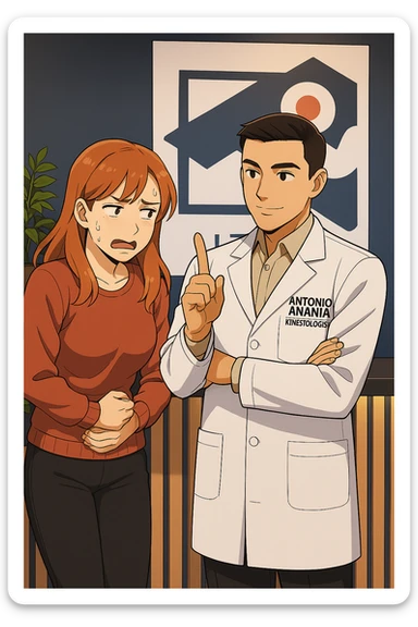 su questo stile fai un manga/webtoon a colori in cui una donna PREOCCUPATA FA UNA DOMANDA ALL'UOMO, l'uomo della foto in stile manga LE DICE DI "NO" CON IL DITO, mantieni un ambiente simile alla foto che ho allegato con il suo logo (sarebbe il suo studio, lui è un kinesiologo), scrivigli "ANTONIO ANANIA" sul camice bianco, non mettere fumetti, ma fai in modo che sembri che la donna CHIEDA ALLARMATA E L'UOMO LA TRANQUILLIZZI sticker