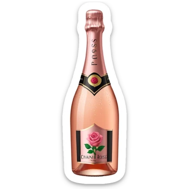 bottle of sparkling rosé champagne with a rose logo on the label, tilted up and to the right, no glass sticker