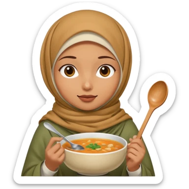 a woman wearing a pashmina hijab is eating while holding a spoon sticker
