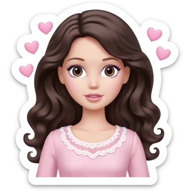 A white Barbie girl with long dark brown wavy hair in pale pink clothes have pale pink hearts instead of eyes sticker