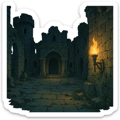 Midnight castle ruins torchlit courtyard sticker