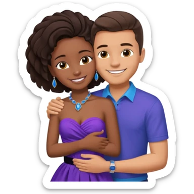 Tan brunette European male in blue shirt smiling and hugging a jet black African girl in purple strapless dress and blue jewelry sticker