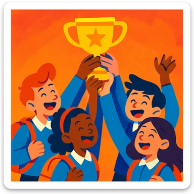 four students in a warm atmosphere lifting a trophy, expressive illustration style, vivid colors sticker