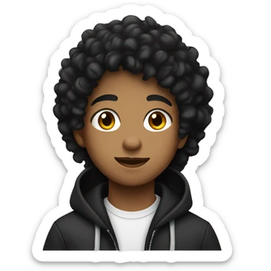 A teen with curly black hair that’s mixed and has a black hoodie sticker