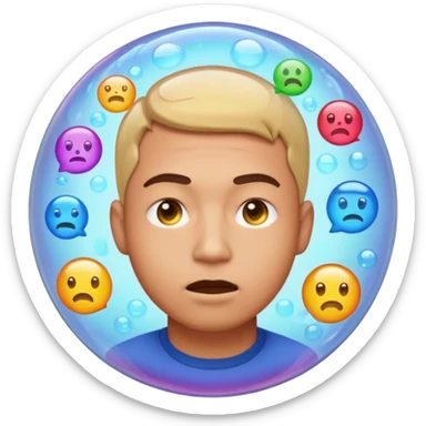 Realistic emoji-style man trapped inside a glowing filter bubble. The bubble contains identical social media icons and repeating content symbols. Outside the bubble are colorful diverse icons he cannot see. The man looks comfortable but unaware, expressing narrow perspective. sticker