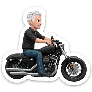 White man with short wavy white hair riding Harley Davidson in jeans and black shirt sticker