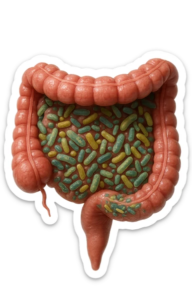 INTESTINO UMANO ANATOMICO CON ALL'INTERNO PIENO DI BATTERI INTESTINALI, IPERREALISTICO 4K sticker