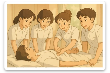 four nursing students wearing short-sleeved white coats, no stethoscope, working together on a practical exercise with a patient, warm atmosphere, ghibli style, soft background sticker