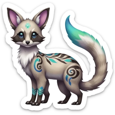 Rare iridescent white exotic epic aesthetic colorful Trico-Eevee-Genet-Civet-species-Fakemon-hybrid-creature, with intricate tattoo markings, full body sticker