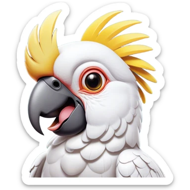 Cinematic Comical Cockatoo Portrait Emoji, Head tilted dramatically with an exaggeratedly shocked expression, featuring a striking, crest-adorned head with wide, comically expressive eyes full of playful disbelief and a vibrant, animated beak, Simplified yet hilariously expressive features, highly detailed, glowing with a slightly sassy tropical glow, high shine, dramatic yet playful, stylized with an air of cheeky avian mischief, soft glowing outline, capturing the essence of a meme-worthy cockatoo that looks ready to squawk its way into viral fame! sticker