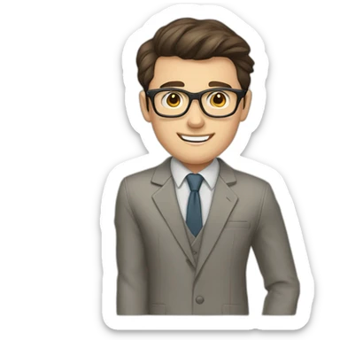 Pale skinned fit man with dark brown hair in gray jacket, beige office shirt, brown tie, brown pants and vintage glasses Writing on the marker board sticker