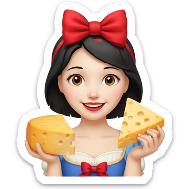  smiling Snow White with red bow ob head holding wedge of cheese sticker