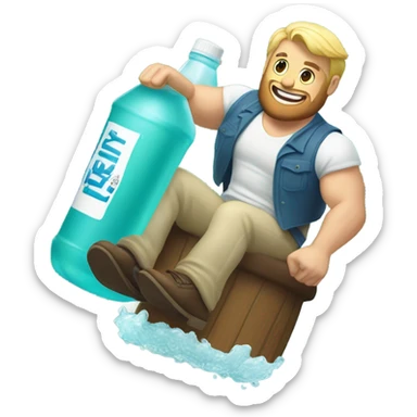 Buff man with blonde short hair and a medium length blonde beard riding on top of a giant bottle of listerine sticker