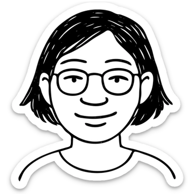 Asian girl with tan skin, short black hair, and glasses, hand drawn outlined icon sticker