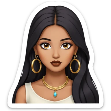 indian girl, brown skin, long black voluminous hair, brown underneath colored hair, baddie,pretty, makeup, lipliner, black eyeliner, gold hoop earrings, white top sticker