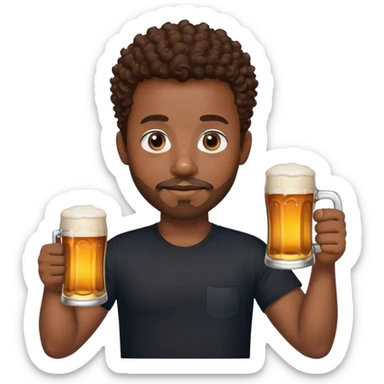 black man with short brown curly hair and blue eyes facial hair black shirt holding a beer sticker