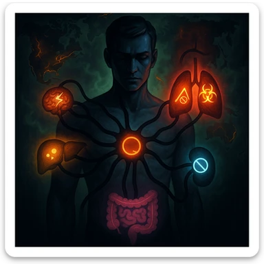 semi-realistic, high contrast human figure, black worm-like forms radiate to organs, each organ with a colored glow and a disease symbol, world map, glowing fissures, green mist, allegorical, focus on prevention and awareness sticker