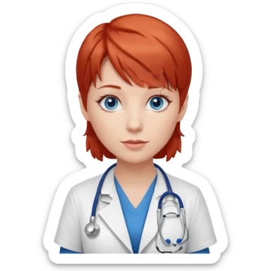 female doctor with short red hair, blue eyes, and bangs sticker