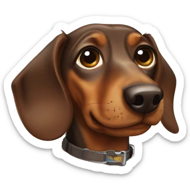 A Brown dachshund with a collar on that has the dogs name “Otis” sticker