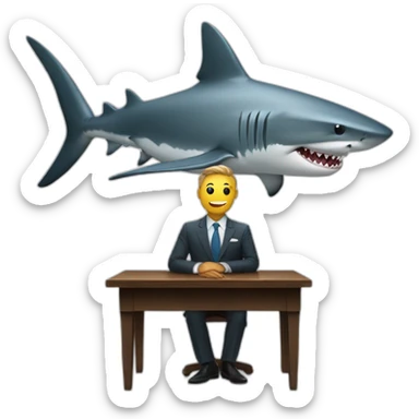 A shark sitting on a table wearing a suit looking straight sticker