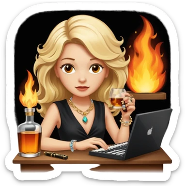A sketchnote illustration rendered in a strong moody style, featuring a blonde woman with cascading gorgeous hair, a keyboard, a whiskey bottle, a key, a jewelry box, and fire elements against a black background. The lighting is low with low contrast, emphasizing dramatic shadows. sticker