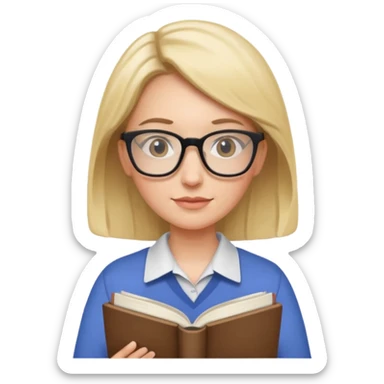 female English teacher with glasses and wearing a shirt, holding an English book sticker