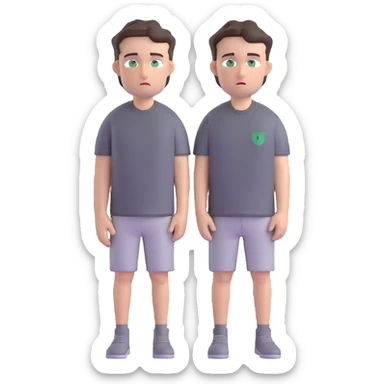 white man with dark messy short hair, dark green eyes, wearing a gray t-shirt sticker