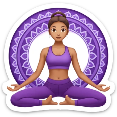 A woman in purple activewear lifting her hips in bridge pose, glowing light, gentle mandala pattern behind. sticker