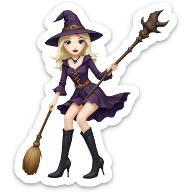 Tall thin witch on a broomstick wearing very high heeled boots sticker