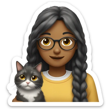 A long-haired girl with round glasses is petting a cat. sticker