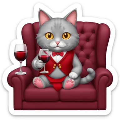 gray Cat sitting On A Couch holding Wine sticker