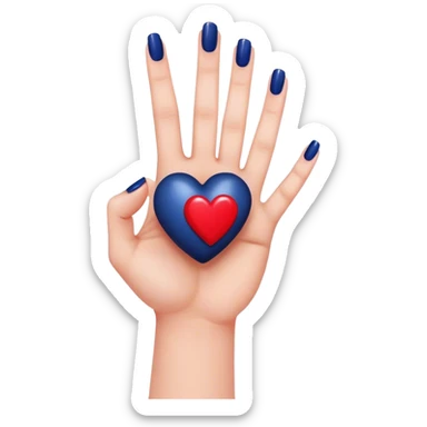 
a hand with a red manicure holds a dark blue heart with two fingers sticker
