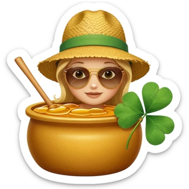 A hunny playing or eating out of a big pot of honey (like the one Winnie the Pooh played with) and have a Irish four leaf clover ground cover and a beach back drop  sticker