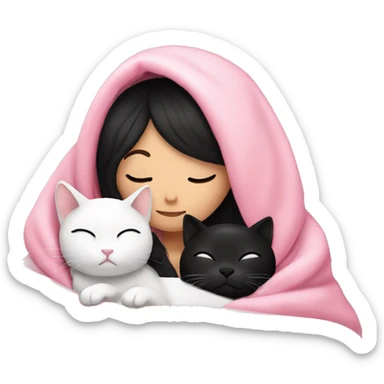 White girl with black hair sleeping with white cat under a pink blanket sticker