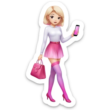 Cute girl character in stockings adjusting fashion accessory, pink gradient, glass effect, minimalist design sticker