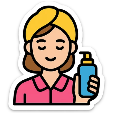 preppy girl with a towel headband, holding skincare bottle sticker