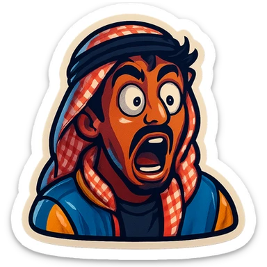Ara, a young Arab man with medium brown skin, black hair, in casual Middle Eastern streetwear with keffiyeh scarf or hoodie, eyes bulging in shock, wild exaggerated facial expression, cartoonish, vibrant, bold, very expressive, emoji-style sticker sticker