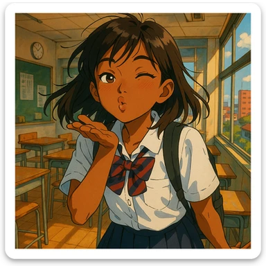 Japanese brown-skinned high school girl in a Tokyo school uniform, giving a mischievous kiss, inspired by romantic anime set in a Tokyo high school, expressive and playful pose, vibrant colors, detailed background with hints of a Japanese classroom or cityscape sticker