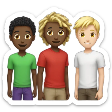 black boy in red shirt with short dreads next to a white boy in green shirt with short blonde hair, next to a white boy with brown hair, purple shirt sticker