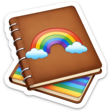 Brown leather bound note book, open with rainbow explosion sticker